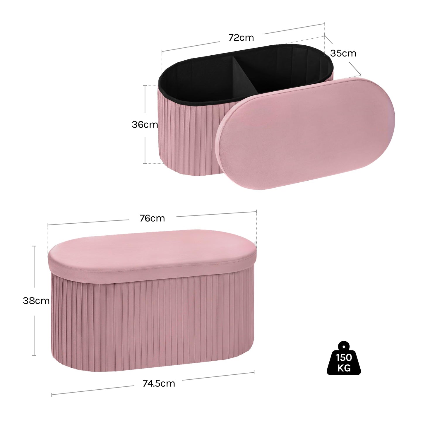 Woltu Aufbewahrungsbank – zusammenklappbar – 76 l – 76 × 38 × 38 cm – Pastellrosa
