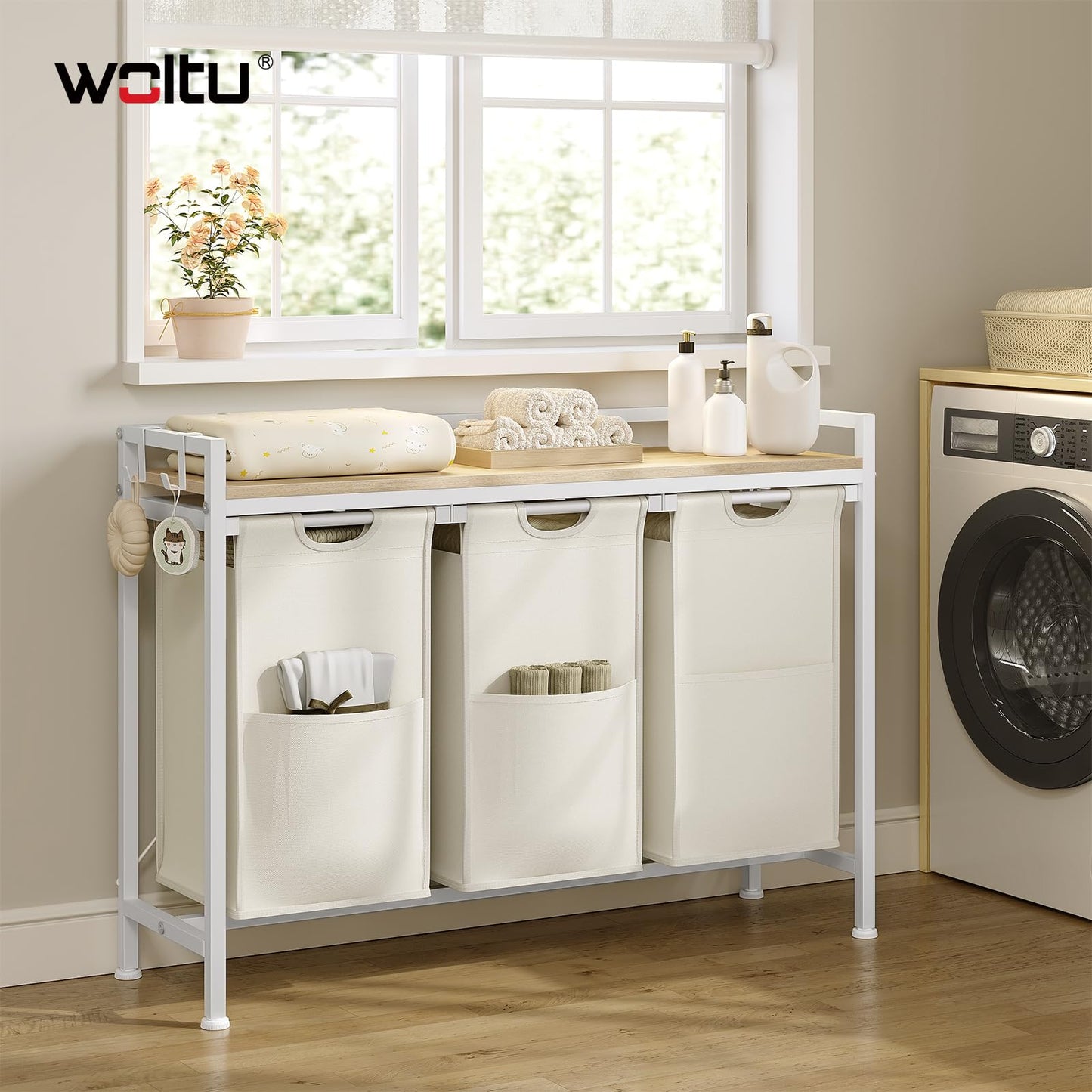 Woltu Wäschekorb – 3 Fächer – 120 l – 96 x 71 x 30 cm – Weiß/Helle Eiche