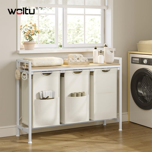 Woltu Wäschekorb – 3 Fächer – 120 l – 96 x 71 x 30 cm – Weiß/Helle Eiche