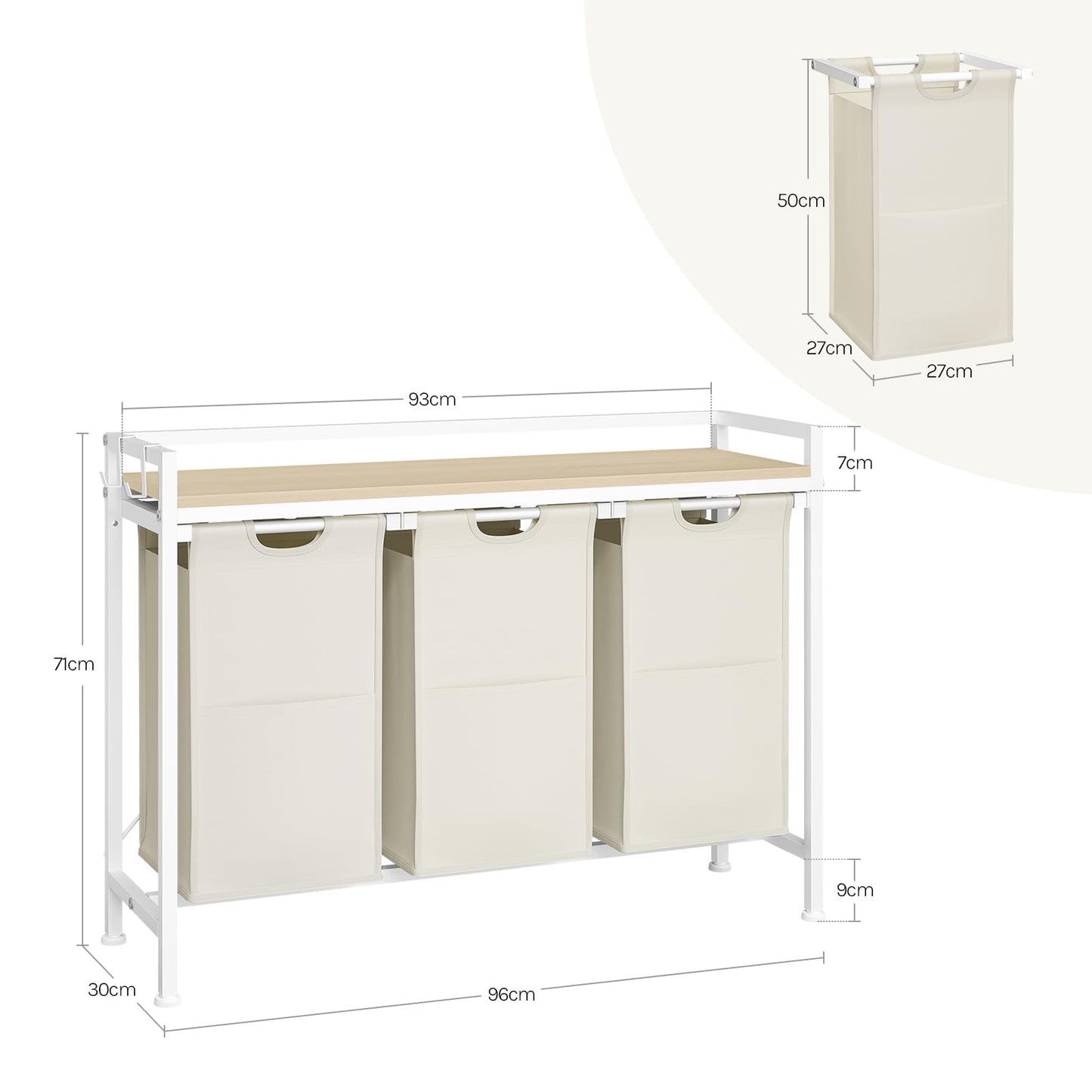 Woltu Wäschekorb – 3 Fächer – 120 l – 96 x 71 x 30 cm – Weiß/Helle Eiche