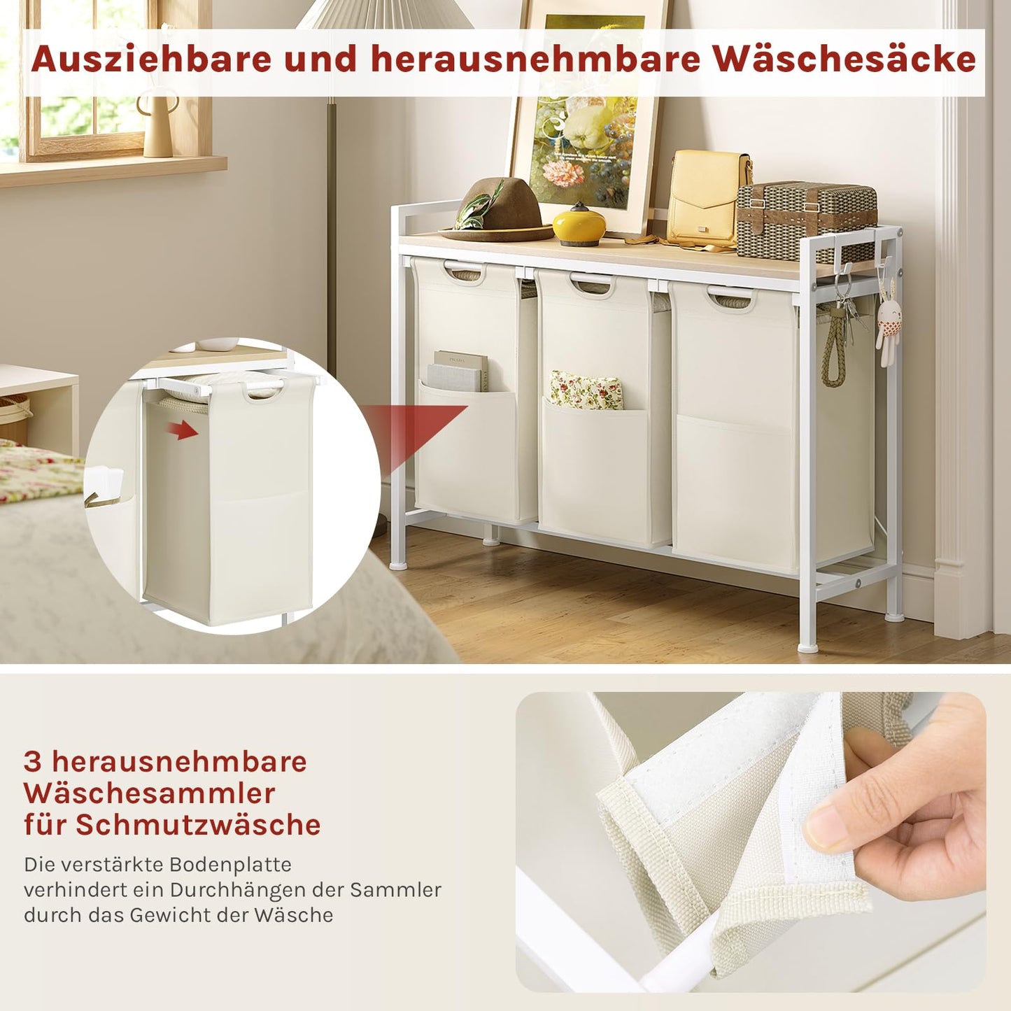 Woltu Wäschekorb – 3 Fächer – 120 l – 96 x 71 x 30 cm – Weiß/Helle Eiche