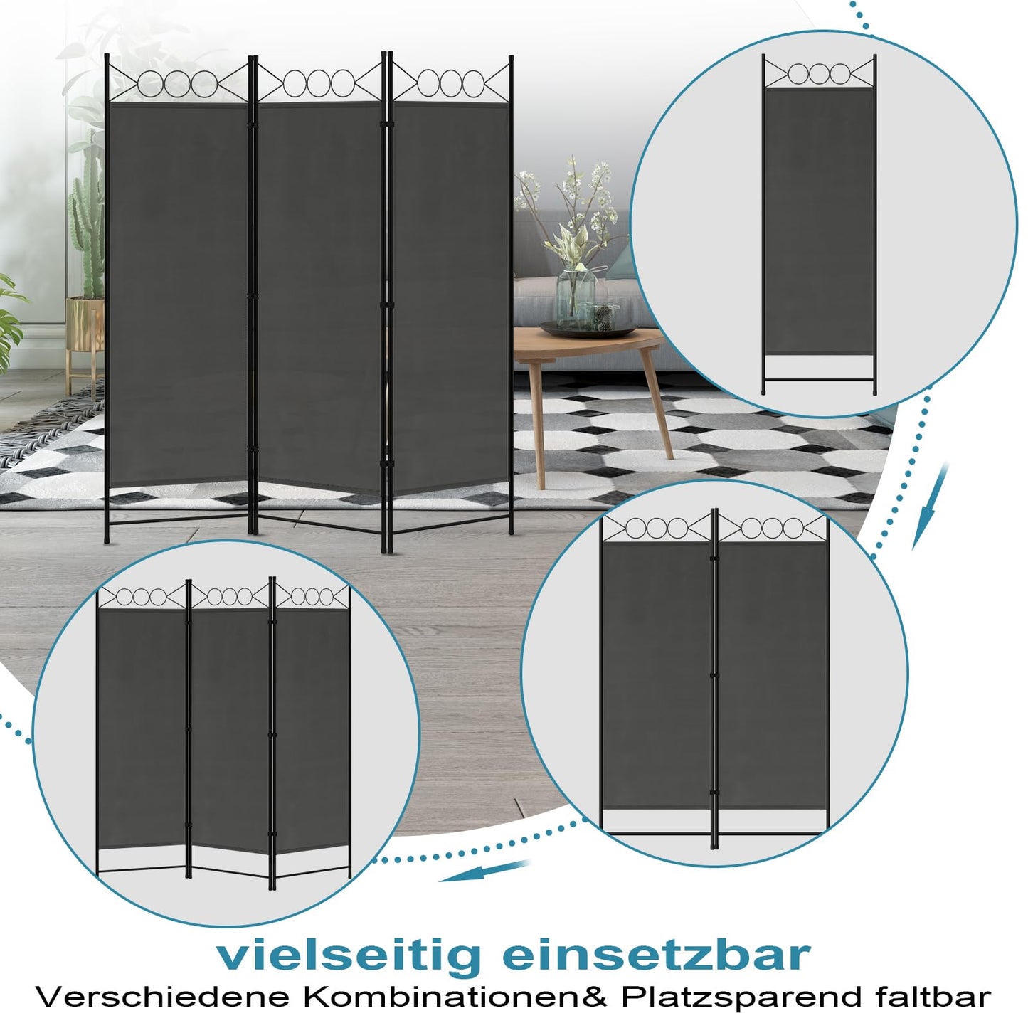 Woltu Raumteiler – 3 Paneele – zusammenklappbar – 167 x 172 cm – Dunkelgrau