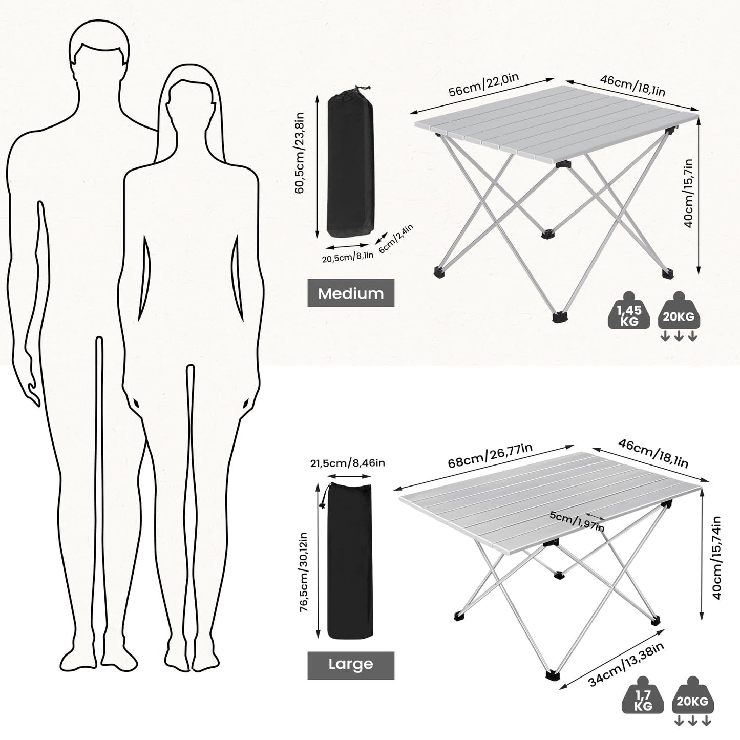 WOLTU Aluminium-Campingtisch – zusammenklappbar – ultraleicht 1,7 kg – 68 x 46 x 40 cm – silber`