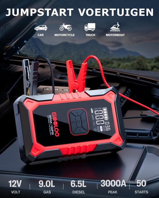 GOOLOO A3 – Tragbarer Starthilfe-Akku mit Kompressor und Powerbank – 3000 A – 12-V-Fahrzeuge – USB-Schnellladung – Kompaktes Design – LED-Taschenlampe – Für Auto, Motorrad und Boot