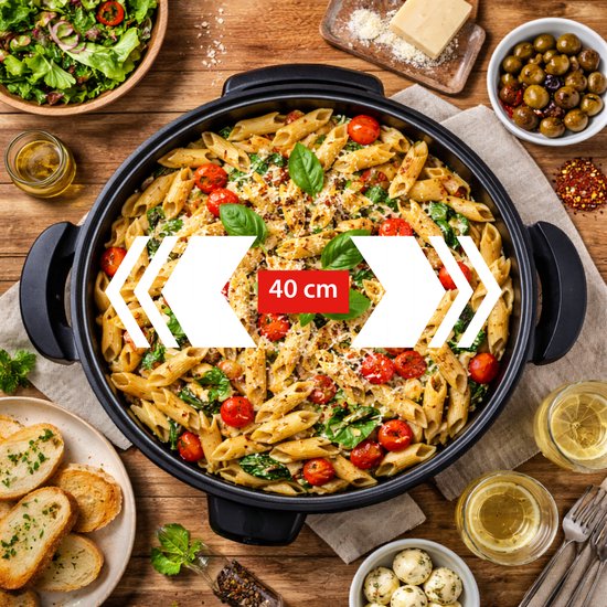 Alpina Pfanne – Party-Pfanne mit Deckel und Thermostat – Antihaftbeschichtung zum Braten und Warmhalten – 1500 W elektrische Pfanne mit Glasdeckel – Cool-Touch-Griffe – Ø 40 cm