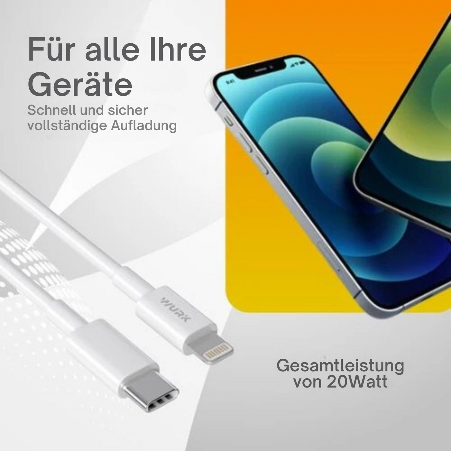 Wurk - Ladegerät - Geeignet für iPhone und iPad - 20W Schnellladegerät - 1M Ladekabel - Weiß