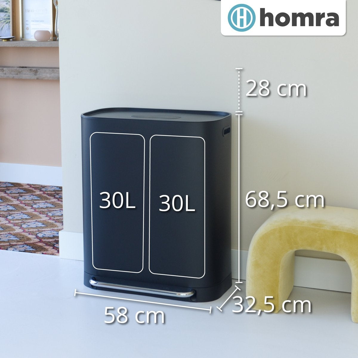 Homra - Mülleimer - 2x30L - Mülltrennung - mit Geruchsfilter - Edelstahl - Schwarz
