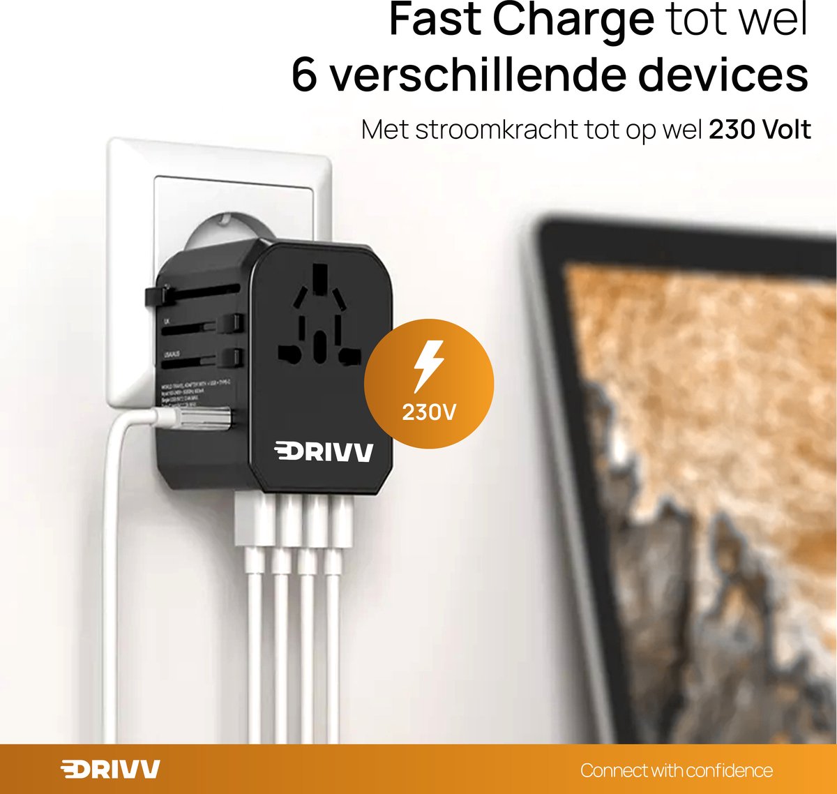 Drivv. Universeller Weltstecker – 4x USB & 1x USB-C-Schnelllade-Reiseadapter – Reisestecker für Amerika / England / Großbritannien / Kanada / Afrika / Japan / Mexiko / Thailand / Südamerika – Typ A, B, C, E, F, G, I, J, L, N – über 150 Länder – Reiseadapt