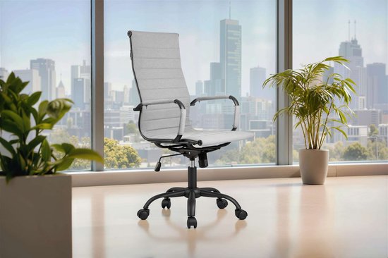 Feel Furniture – Luxuriöser Bürostuhl – Hohe Rückenlehne – Hellgrau mit mattschwarzem Gestell