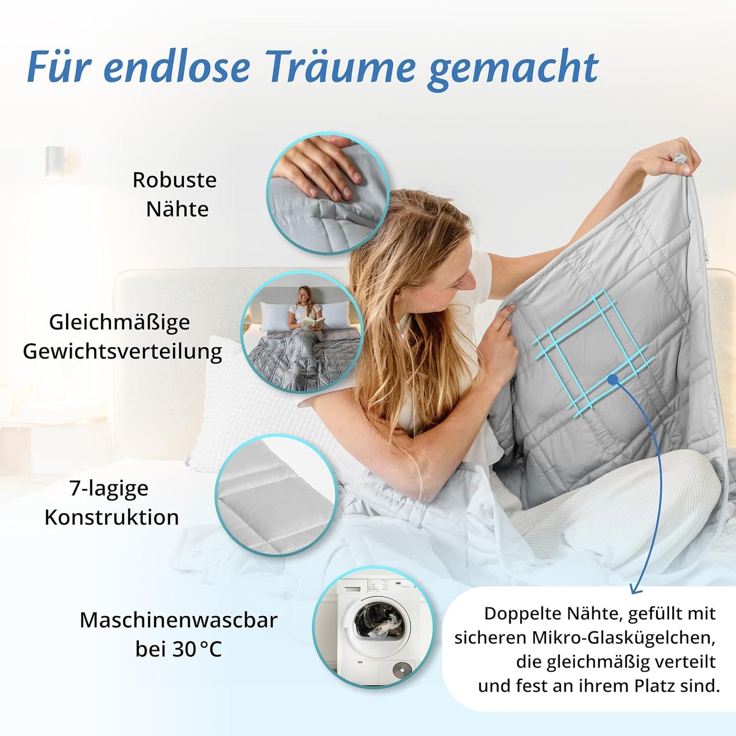 Ella - Gewichtsdecke/ Therapiedecke - 13kg - 200 x 200cm - OEKO-TEX Baumwolle - Hellgrau
