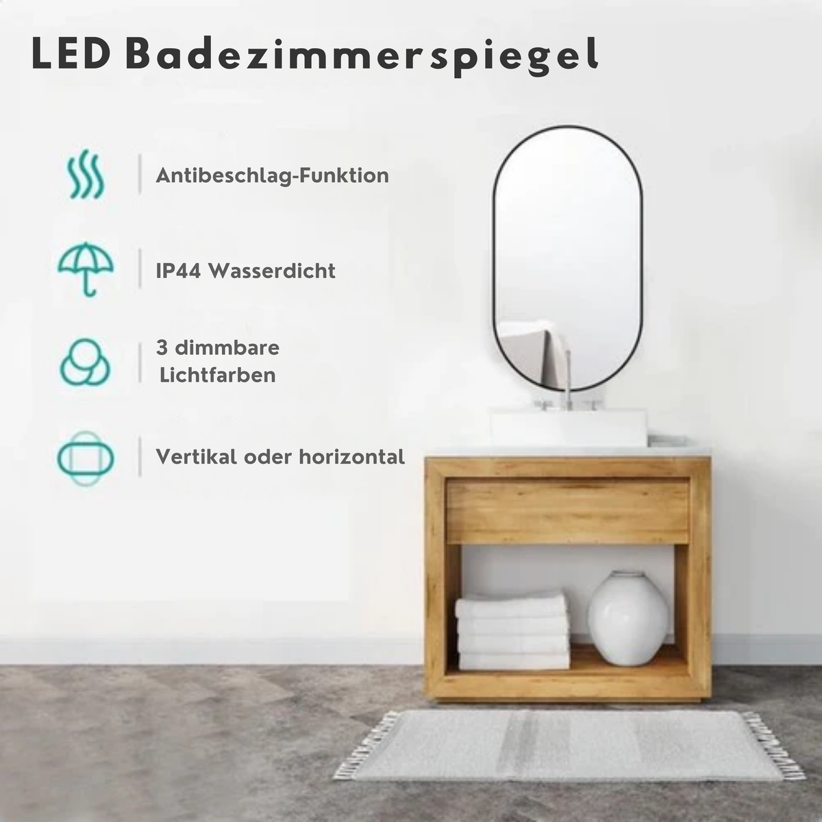 Mirlux Badezimmerspiegel - Mit LED-Beleuchtung & Heizung - Wandspiegel Oval - Anti-Kondensations-Duschspiegel - 90x50CM - Schwarz