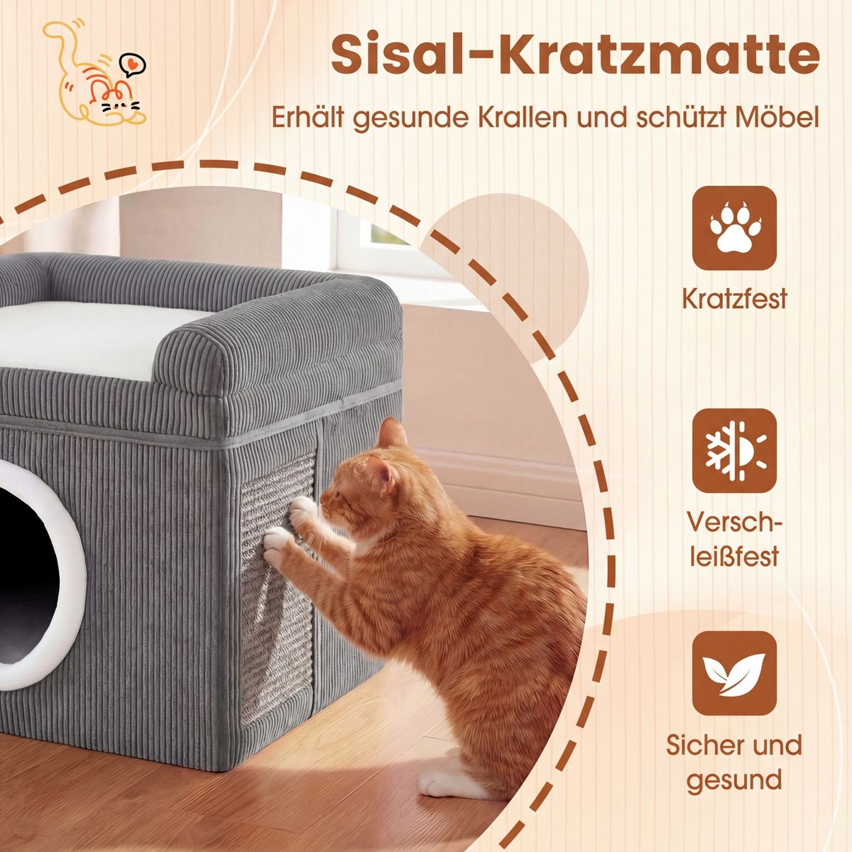 Coast Faltbares Katzenhaus – mit Sisal-Kratzmatte – weiches Kissen und erhöhte Ränder – grau