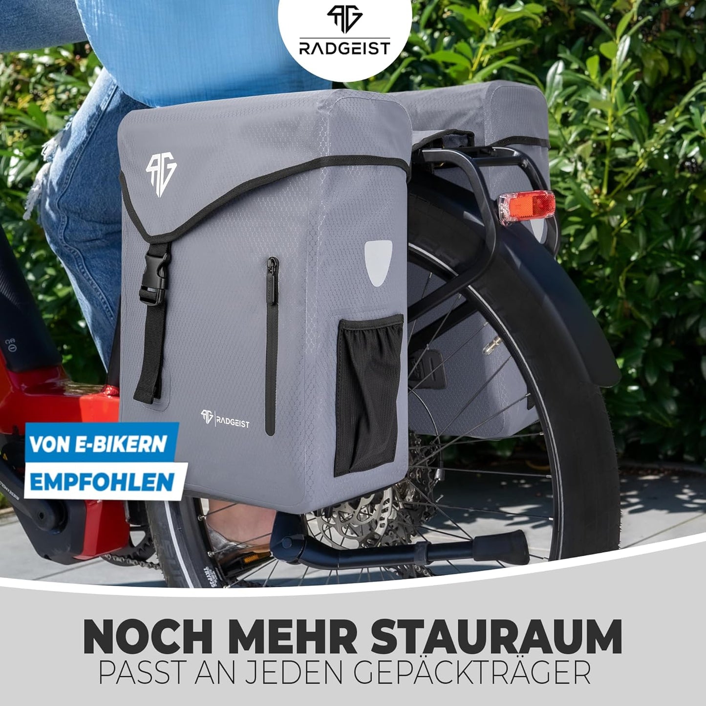RADGEIST Fahrradtasche für Gepäckträger 100% wasserdicht I Doppelte Fahrradtasche 50 Liter - Doppelte Fahrradtasche mit einfachem Verschluss (grau)