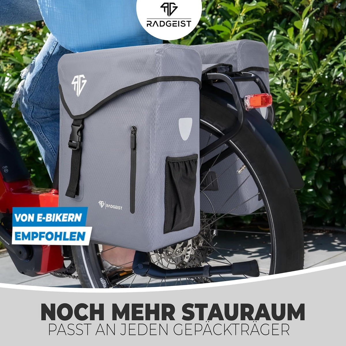 RADGEIST Fahrradtasche für Gepäckträger 100% wasserdicht I Doppelte Fahrradtasche 50 Liter - Doppelte Fahrradtasche mit einfachem Verschluss (grau)