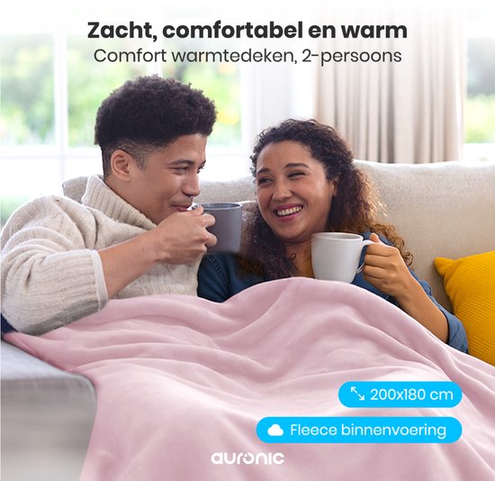 Auronic Electric Blanket - 200x180cm - Wärmedecke - 2 Personen - 3 Wärmestufen - Decke - Mit Timer - Heizdecke - Pink