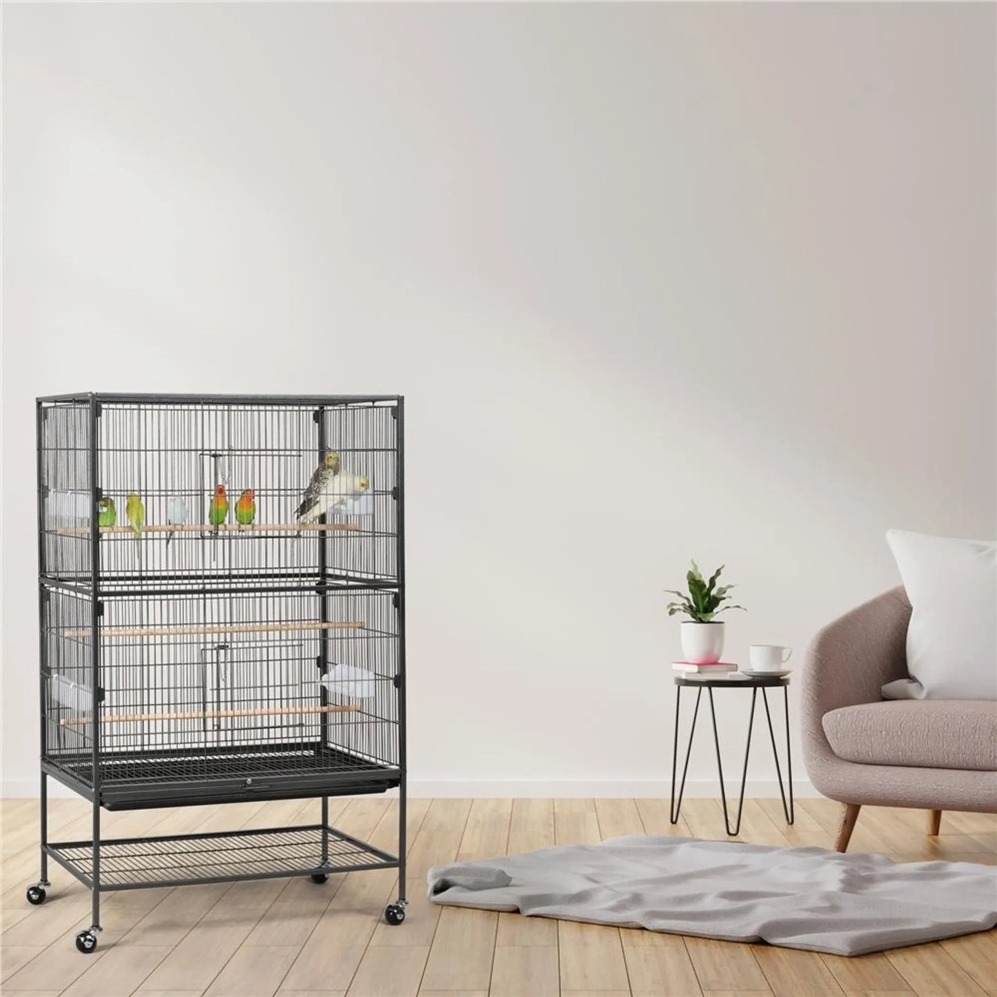 Yaheetech Vogelkäfig XXL mit mobilem Sockel - ausgestattet mit gesicherter Tür und Ablagefläche und 3 Holzstangen - für Papageien und Kakadus - schwarzes Metall - 79 x 52 x 132 cm