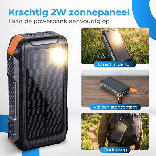 Nuvance Solar-Powerbank 20.000 mAh – 22,5-W-Schnellladegerät – USB-C & USB-A – 4 integrierte Kabel – kabellose Powerbank 15 W – Notfallpaket – Solar-Powerbank