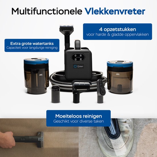 Qclean® Teppichreiniger – 4-in-1-Fleckenentferner & Dampfreiniger – 105 °C Dampf – Polsterreiniger – Selbstreinigend – inkl. Reinigungsmittel
