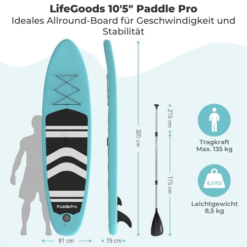 LifeGoods SUP Board - mit Sitz - Aufblasbares Paddle Board - Komplettset - Max. 135KG - 320x81cm - Mintgrün/Schwarz