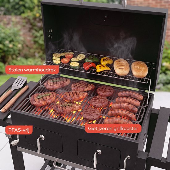 KitchenBrothers Holzkohle-Grill XL – Dual-Zone-Räuchergrill – Mit verstellbaren Kohlerosten und klappbaren Seitentischen – PFAS-frei – Grillfläche 42,3 x 75,8 cm – Schwarz
