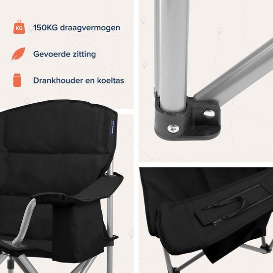 TRVLMORE Campingstühle - Zusammenklappbar - 2 Stück - XL - Klappstühle - 150 kg Belastbarkeit - Getränkehalter - Kühlfach - Seitentasche - Klappstuhl - Schwarz