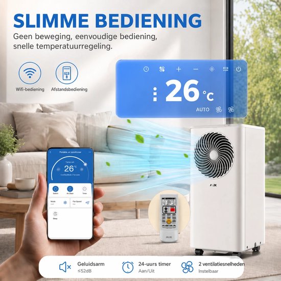 AUX 3-in-1-Mobilklimaanlage 9000 BTU (bis zu 36 m²), Energieeffizienzklasse A, WLAN & Fernbedienung, 4 Betriebsstufen, Selbstdämpfung, Kältemittel R290, waschbarer Filter, inklusive Fensterhalterung