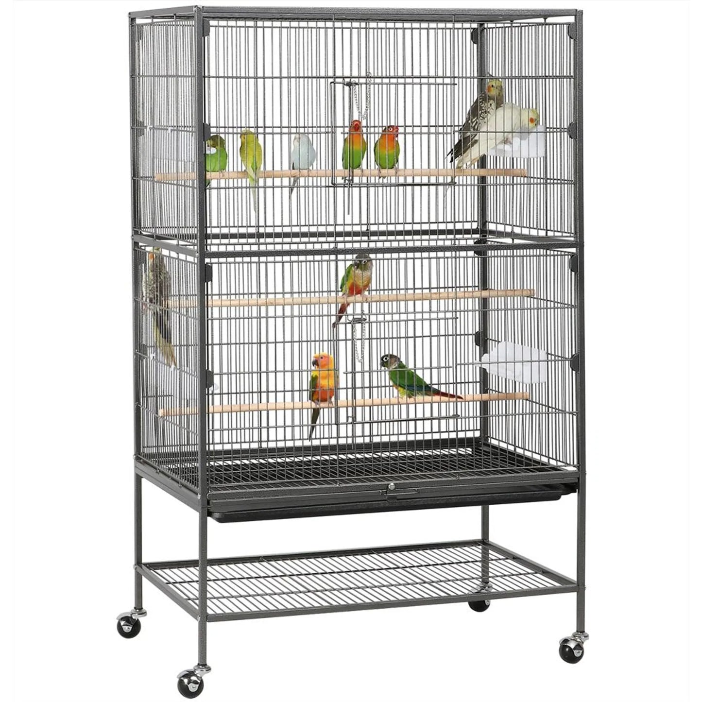 Yaheetech Vogelkäfig XXL mit mobilem Sockel - ausgestattet mit gesicherter Tür und Ablagefläche und 3 Holzstangen - für Papageien und Kakadus - schwarzes Metall - 79 x 52 x 132 cm