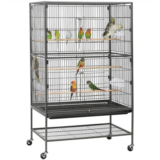 Yaheetech Vogelkäfig XXL mit mobilem Sockel - ausgestattet mit gesicherter Tür und Ablagefläche und 3 Holzstangen - für Papageien und Kakadus - schwarzes Metall - 79 x 52 x 132 cm