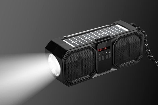 Denver Notfallradio - Bluetooth-Lautsprecher - Solar-Powerbank - 80W - FM-Radio - Taschenlampe - USB - BTG158 - Schwarz