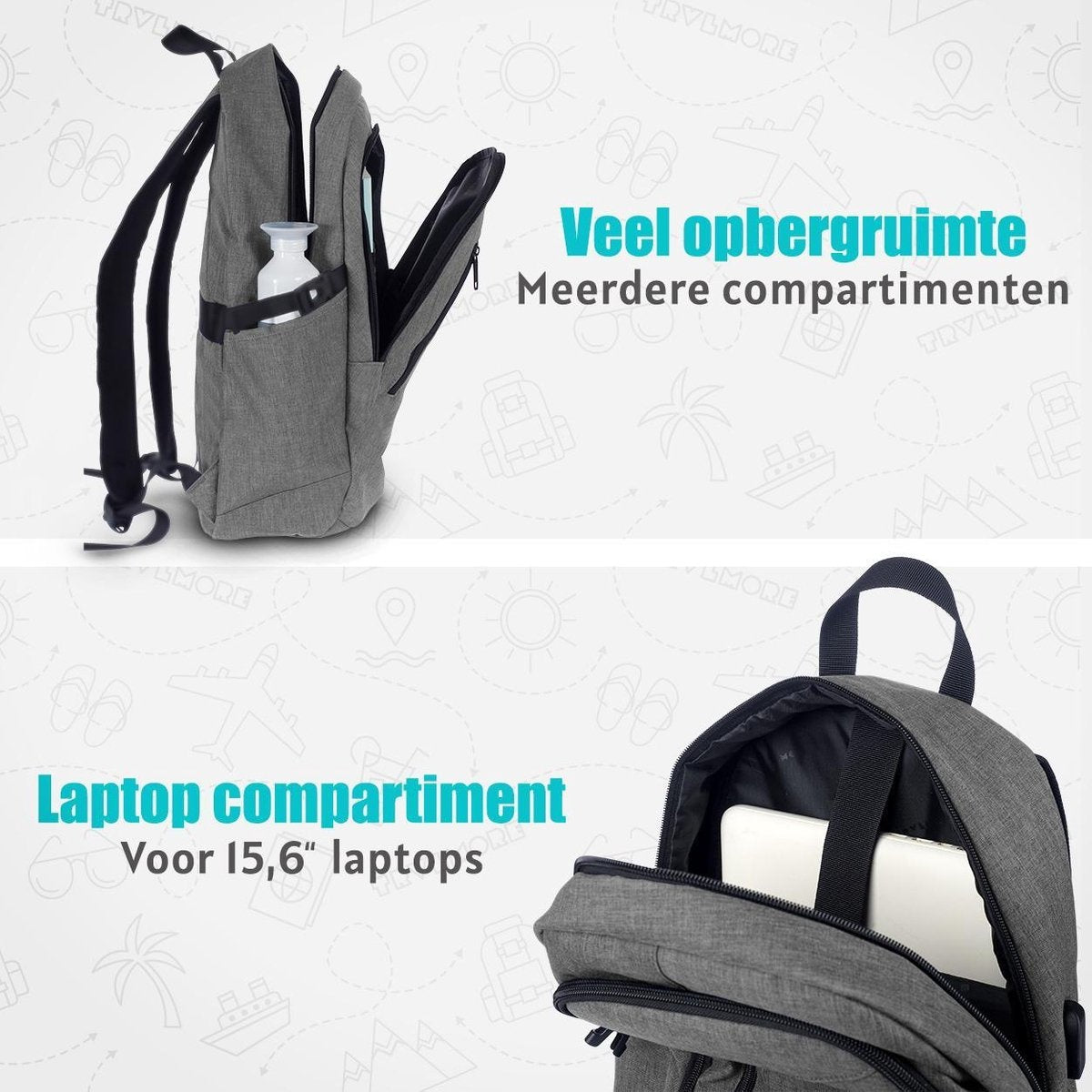 TRVLMORE Rucksack - 25L - 15.6 Zoll - Laptop-Rucksack - Schultasche - Unisex - Spritzwassergeschützt Grau
