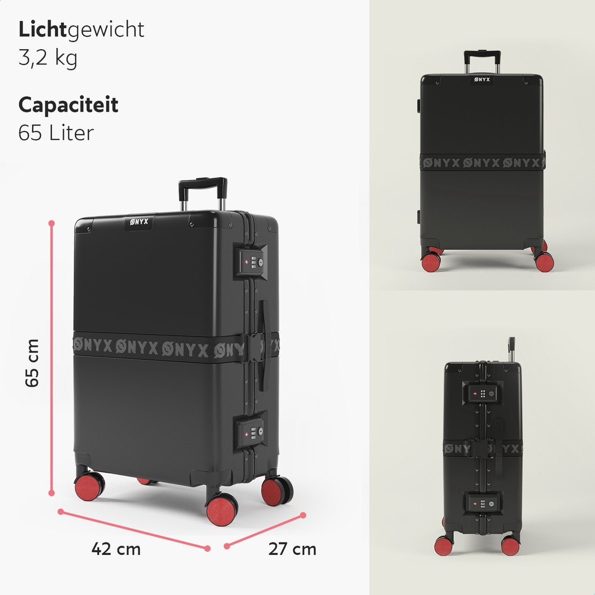 ONYXÂ® Check-in-Koffer 65L - TSA-Schloss - Spinner-Räder - leichter Trolley - Aluminium-Verschluss - Schwarz