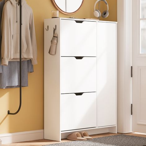 SoBuy Schuhschrank 84 x 24 x 121 cm – Weiß – 3 Klapptüren – 3 Schubladen – Platz für 12 Paar Schuhe