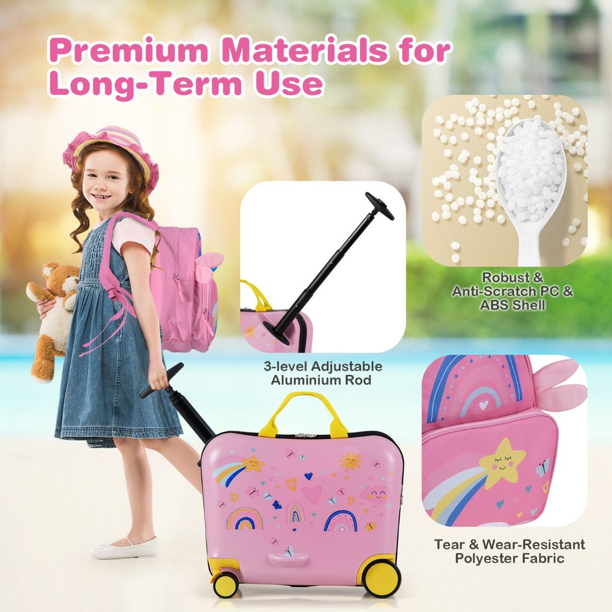 Coast Kinderkoffer- und Rucksack-Set – Sitzkoffer mit Bienenmotiv – verstellbarer Griff – rosa