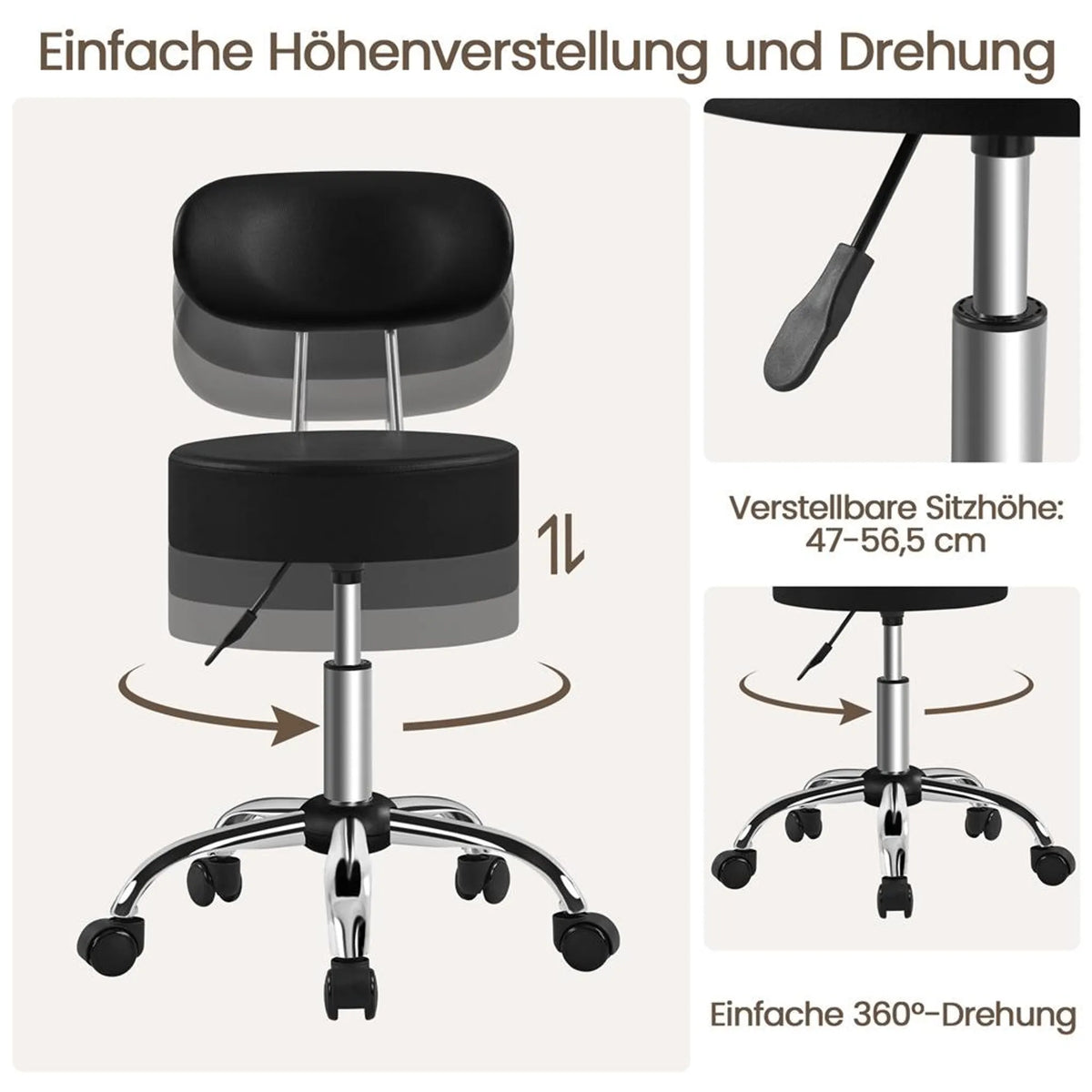 Yaheetech Barhocker Make-up Stuhl - 52 x 44,5 x 75,5-85 cm - Ausgestattet mit 10 cm dicken Sitzkissen und 360° Drehung und verchromtem Metallrahmen - Für Salon und Frisiertisch - Schwarzes Kunstleder und Metall