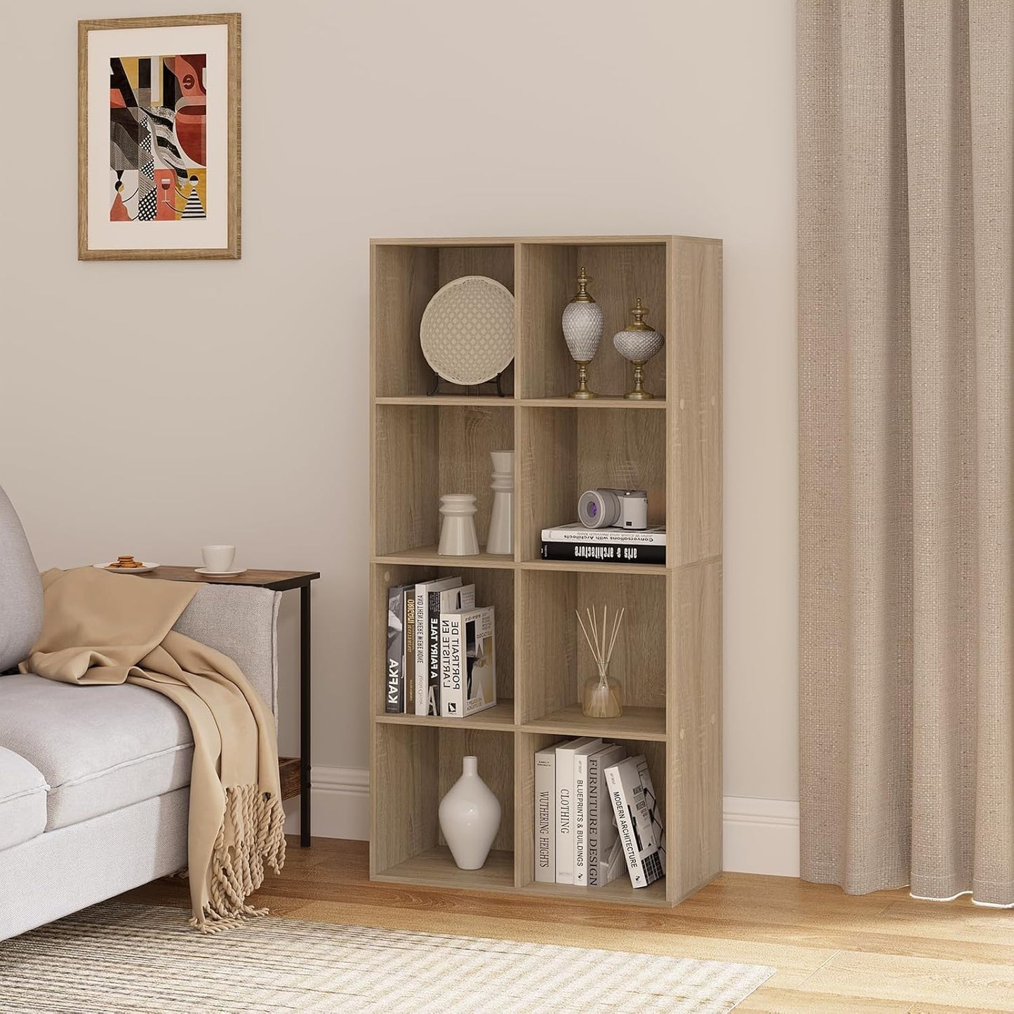 WOLTU Bücherregal mit 8 Fächern – Helle Eiche – 60 x 29,5 x 121 cm