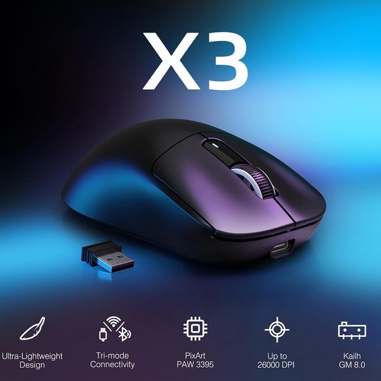 ATTACK SHARK Kabellose Gaming-Maus – Kabelgebunden/2,4 GHz/BT 5.4 – Leichtgewicht 49 g – PAW3395 – 26.000 DPI – Schwarz