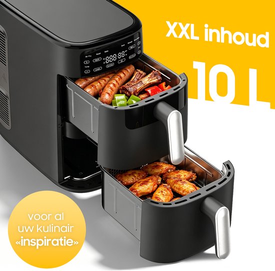 Heißluftfritteuse mit zwei Ebenen – 2700 W, kraftvolles fettfreies Frittieren – 10 l Heißluftfritteuse mit zwei Einschüben und vertikaler Bauweise spart 50 % Platz – 6 Programme – Großes Fassungsvermögen für den Heimgebrauch – Inklusive Rezeptbuch