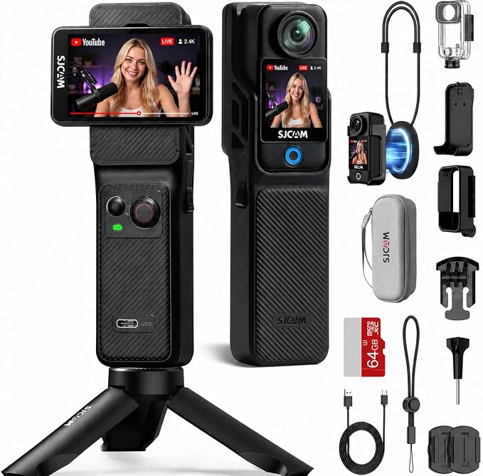 SJCAM C400 Action-Kamera 4K, 7 Stunden Akkulaufzeit, 6-Achsen-Stabilisierung, Sportkamera mit zwei Touchscreens, wasserdicht bis 30 Meter, Vlogging-Kamera mit Zubehörset, schwarz, inklusive 64-GB-Speicherkarte