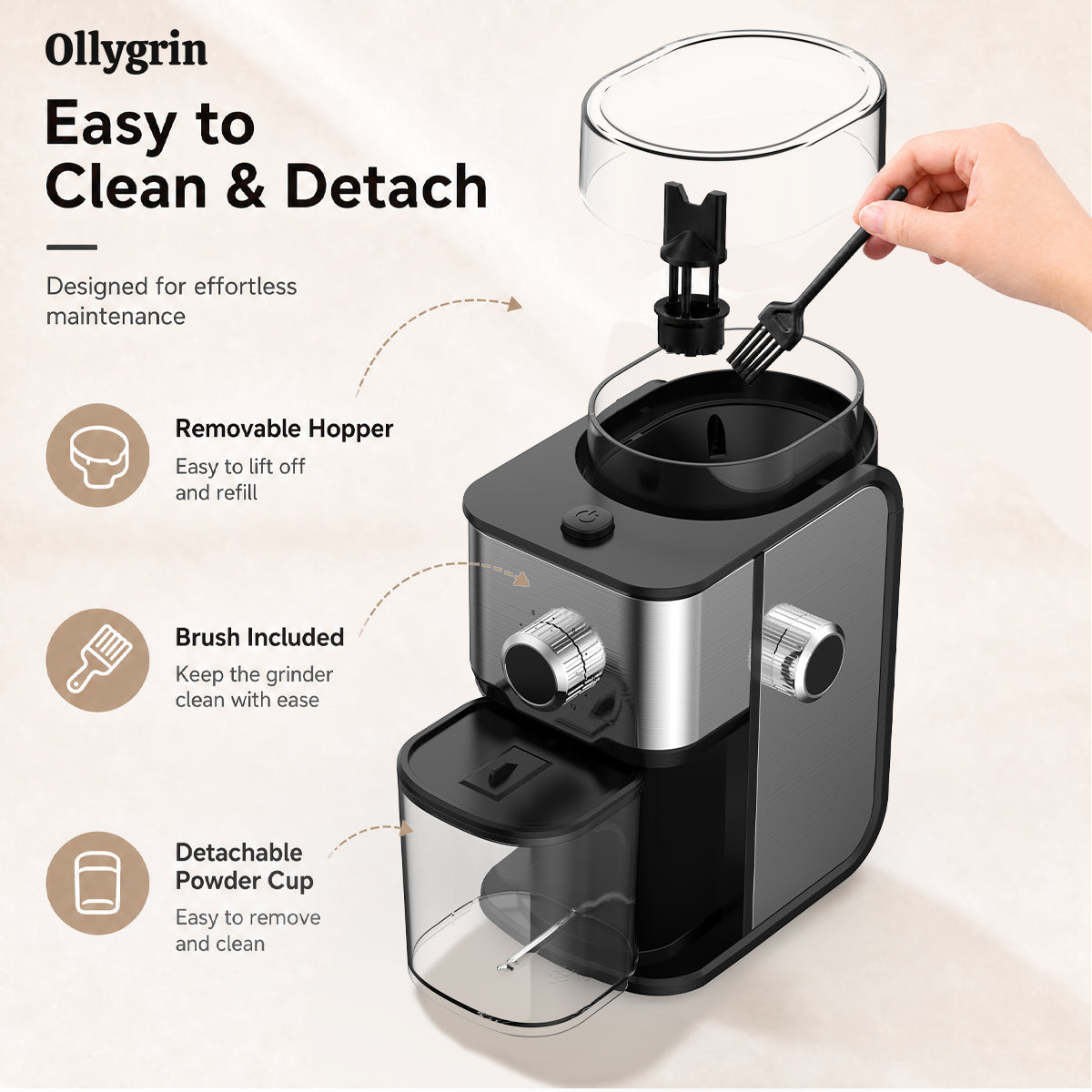 Ollygrin BG705 elektrische Kaffeemühle mit flachen Mahlwalzen – einstellbare Kaffeemühle für den Hausgebrauch