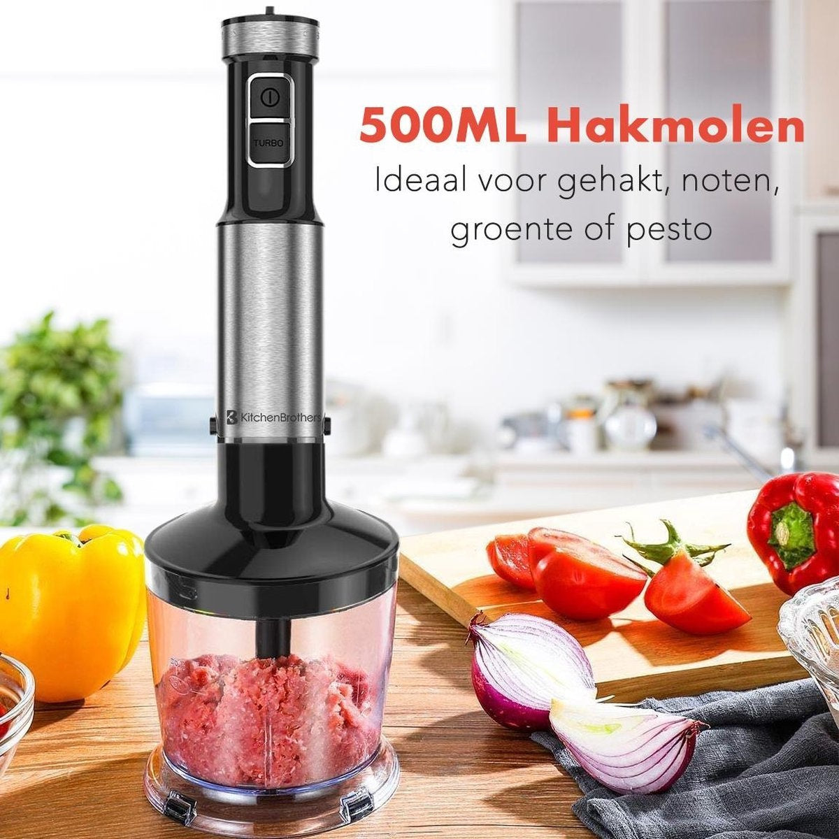 KitchenBrothers Stabmixer-Set - Zerkleinerer - Mixer 4-in1 - 800W - 600ML - Edelstahl