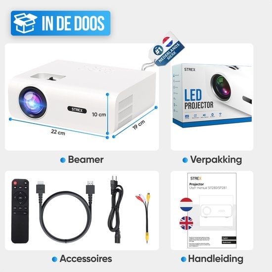 Strex - Mini-Beamer/Projektor - 1080P Full HD - 15000 Lumen - Drahtloses Streaming - WiFi - Bluetooth - Weiß