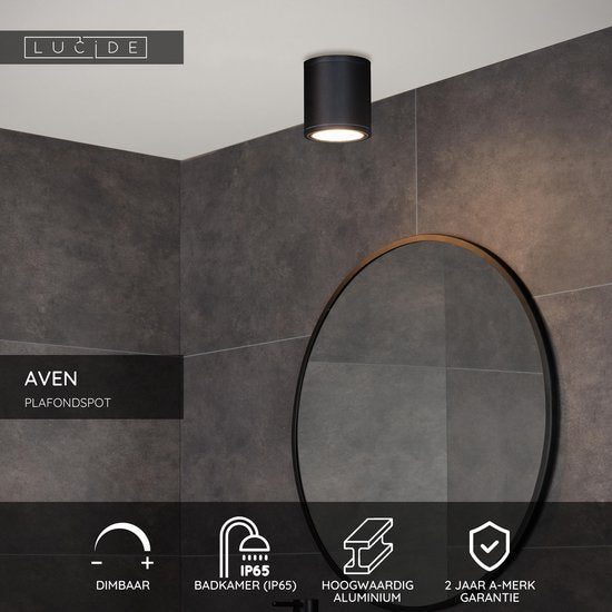 Lucide AVEN – Deckenstrahler (Deckenleuchte) für das Badezimmer – Ø 9 cm – 1xGU10 – IP65 – Schwarz