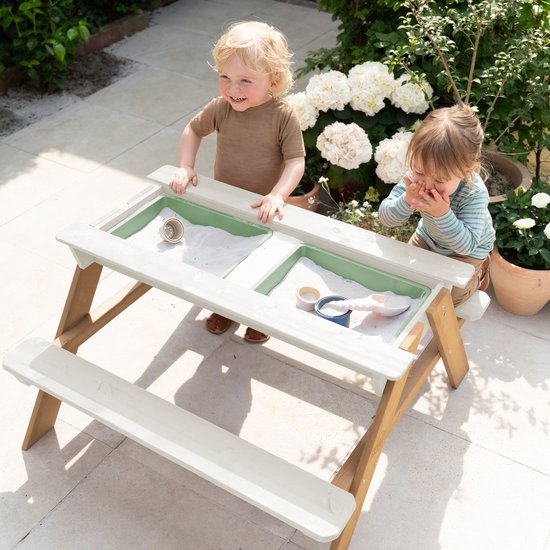 Sunny Dave Zand & Water Picknicktisch in Beige für Kinder – Multifunktionaler Picknicktisch mit 2 herausnehmbaren Kunststoffbehältern – FSC-zertifiziertes Holz