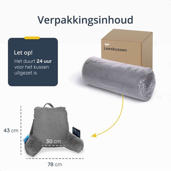 Lesekissen - Fürs Bett - Mit 3 Taschen - Rückenkissen Sofa - Sitzkissen - Lendenwirbel - Rückenkissen unterer Rücken - Lesen - Kissen - Stütze - Bücher - Buch - Sitz - Grau