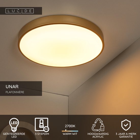 Lucide UNAR – Deckenleuchte – Ø 49,5 cm – LED 3-Stufen-Dimmer – 1x36 W, 2700 K – Mattgold / Messing