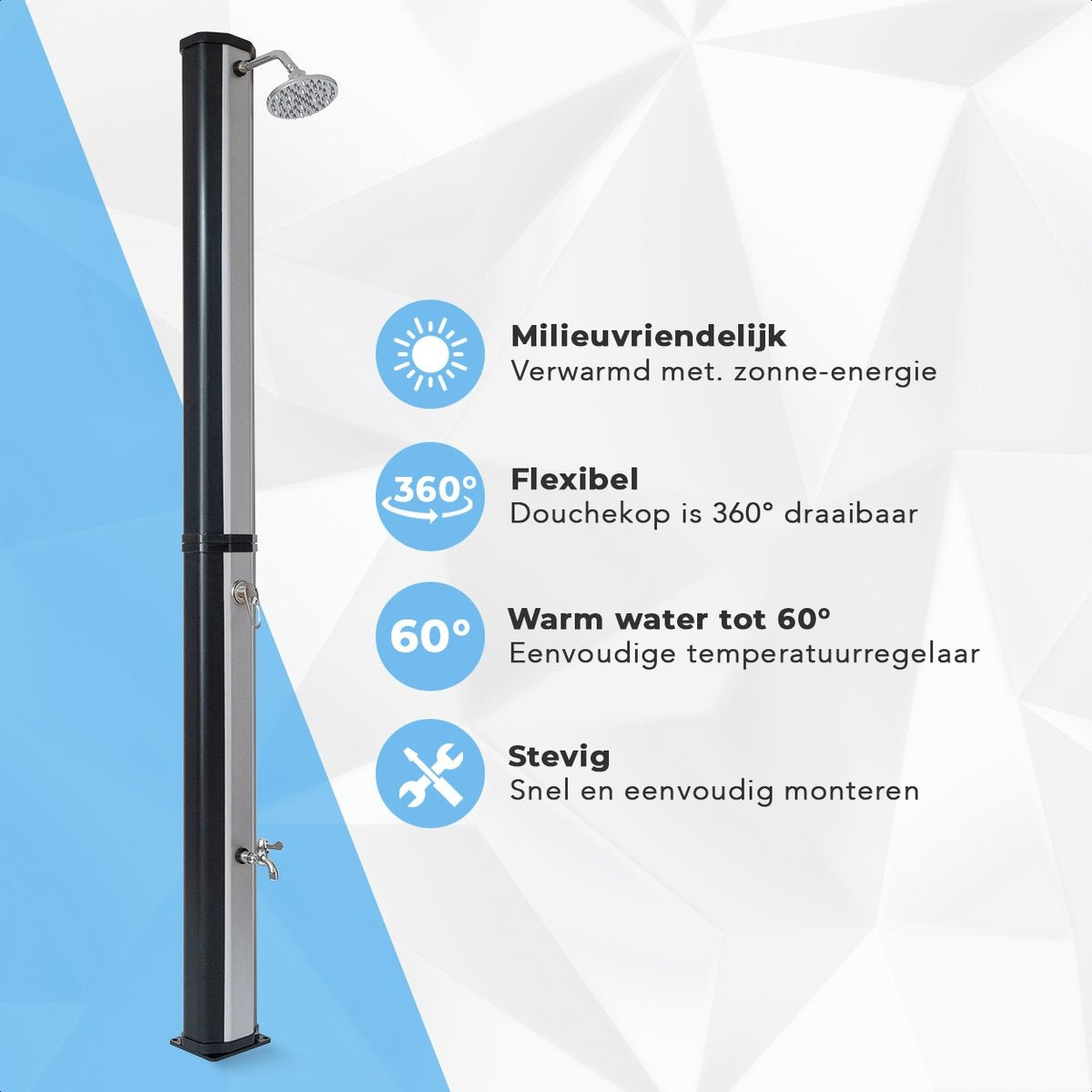 LifeGoods Outdoor-Dusche - Solar - 360Â° drehbarer Duschkopf - 35L - Schwarz/Silber