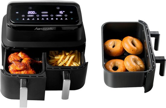Hanseatic Heißluftfritteuse - 9L – Dual Zone mit 2 Schubladen – 10 Programme – Trocknungsfunktion