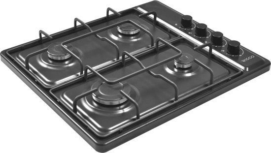 Wiggo WH-G604F(B) – Freistehendes Gaskochfeld – 60 cm – 4 Kochzonen – Geeignet für Erdgas und Butangas – Thermoelement-Sicherung – Schwarz