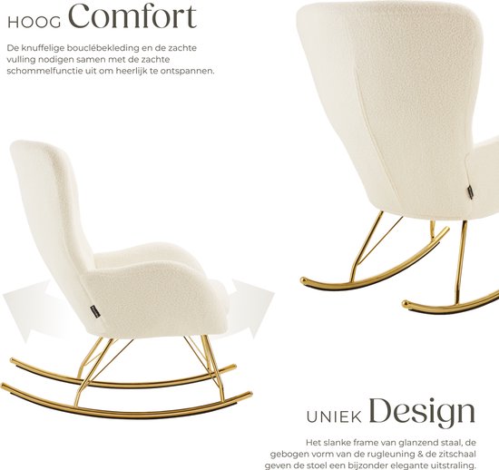 tectake® Swing Schaukelstuhl - gepolsterter Bouclé-Sessel mit Stahlgleitern und extra dickem Sitzkissen - skandinavisches Design, pflegeleicht und ergonomisch - creme/gold