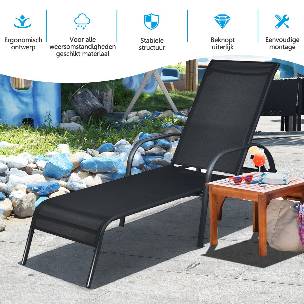 Coast Adjustable Lounger - bis zu 160 kg - 5 Ständer - 192 x 66 x 61 cm - Schwarz
